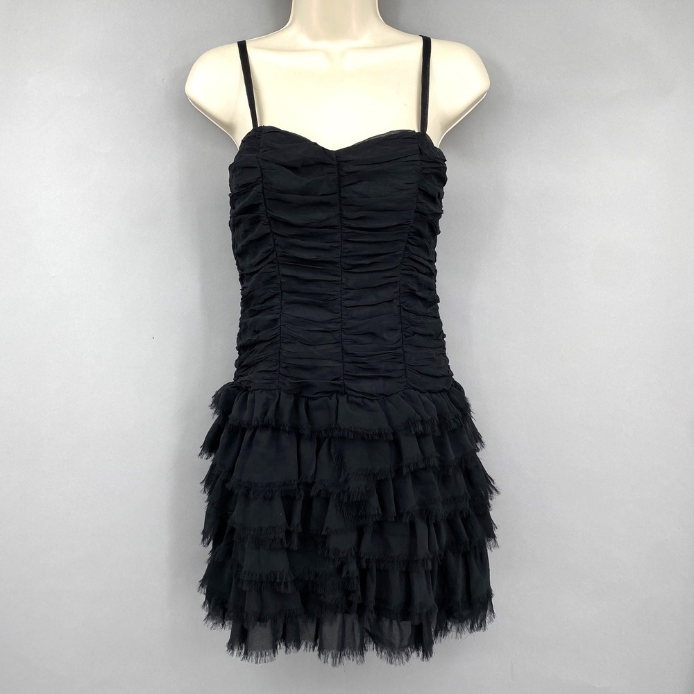 Misope Ruched Tiered Ruffle Mini Dress Size M Black Goth Cocktail Whimsigoth